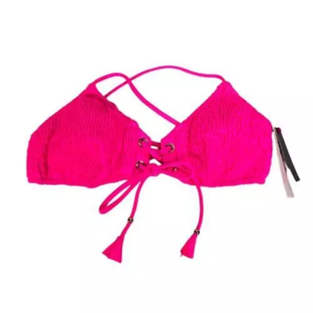 Victoria’s Secret Swim Womens Bikini Top Pink Padded V Neck Ruched Tassel XS NEW